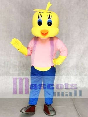 Tweety Looney Tunes pájaro amarillo con overol azul y camisa rosa Disfraz de mascota